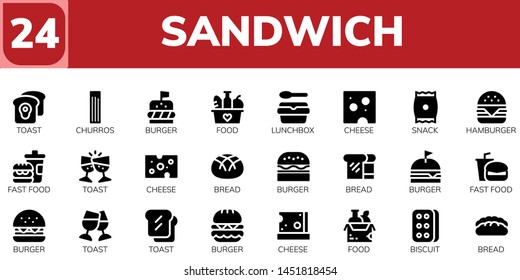 sandwich icon set. 24 filled sandwich icons.  Simple modern icons about  - Toast, Churros, Burger, Food, Lunchbox, Cheese, Snack, Hamburger, Fast food, Bread, Biscuit