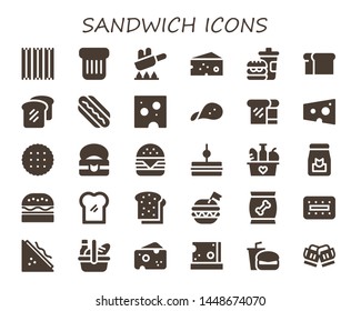 sandwich icon set. 30 filled sandwich icons.  Simple modern icons about  - Churros, Toast, Fry, Cheese, Fast food, Bread, Hotdog, Snack, Biscuit, Food, Hamburger, Sandwich, Burger