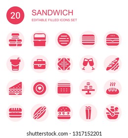 sandwich icon set. Collection of 20 filled sandwich icons included Macarons, Ice box, Hamburger, Macaron, Burger, Beverage, Lunchbox, Sandwich, Toast, Bread, Food, Biscuit, Hotdog