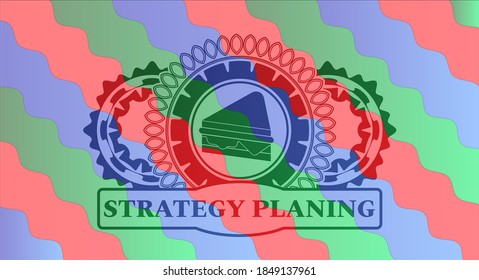 sandwich icon and STRATEGY PLANING text Colorful candy multicolored emblem.Curvy chic background. Intense illustration. 