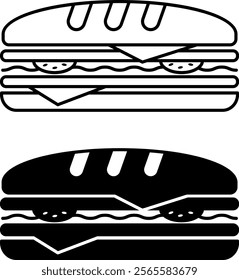 Sandwich Icons. Black and White Vector Illustration. Sandwich of Two Pieces of Bread and Filling Between Them. Tasty Food. Fast Food Concept