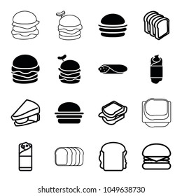 Sandwich icons. set of 16 editable filled and outline sandwich icons such as burger, bread slices, burrito, burger with sausage