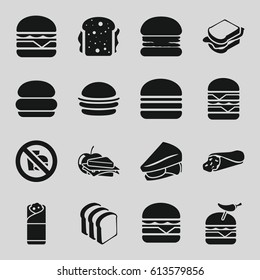 Sandwich icons set. set of 16 sandwich filled icons such as burger, bread slices, burger with pepper, cheeseburger, double burger, burrito