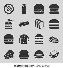 Sandwich icons set. set of 16 sandwich filled icons such as burger, bread slices, burger with sausage, cheeseburger, double burger, burrito