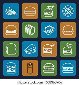 Sandwich icons set. set of 16 sandwich outline icons such as bread slices, double burger with flag, burger with pepper, burger with sausage, burrito