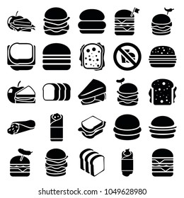 Sandwich icons. set of 25 editable filled sandwich icons such as burger, bread slices, double burger with flag, burger with sausage, burrito