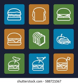 sandwich icons set. Set of 9 sandwich outline icons such as bread slices, double burger with flag, burger with pepper