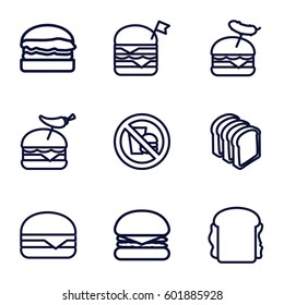 sandwich icons set. Set of 9 sandwich outline icons such as bread slices, double burger with flag, burger with pepper, burger with sausage, sandwich