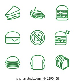 Sandwich icons set. set of 9 sandwich outline icons such as burger, bread slices, double burger with flag, double burger, cheeseburger