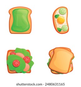 Iconos de sándwich conjunto de Vector de dibujos animados. Pan tostado con aguacate y huevo escalfado. Comida, desayuno saludable