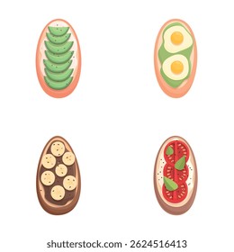 Ícones de sanduíche definem o vetor de desenhos animados. Sanduíche saboroso com vários recheios. Conceito alimentar