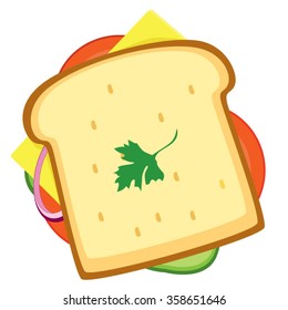 Sandwich. Illustration Of An Appetizing Cartoon Fast Food Sandwich Icon, Melted Cheese, Salad Leaves And Classic Grilled Bread, For Takeout Restaurant. Vector.