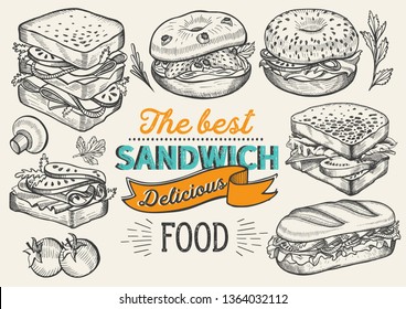 Sandwich illustration - bagel, snack, hamburger for restaurant. Vector hand drawn poster for cafe and fast food truck. Design with lettering and doodle vintage graphic.