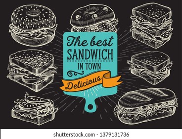 Sandwich illustration - bagel, snack, hamburger for restaurant. Vector hand drawn poster for cafe and fast food truck. Design with lettering and doodle vintage graphic.