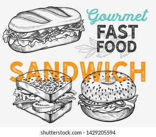 Sandwich illustration - bagel, snack, hamburger for restaurant. Vector hand drawn poster for cafe and fast food truck. Design with lettering and doodle vintage graphic.