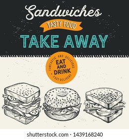 Sandwich illustration - bagel, snack, hamburger for restaurant. Vector hand drawn poster for cafe and fast food truck. Design with lettering and doodle vintage graphic.