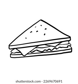 Sandwich illustration in doodle style. Outline food illustration. Line fastfood sketch isolated on white