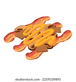 Sandwich ingredient icon isometric vector. Fried bacon, champignon slice, mustard. Fast food, unhealthy nutrition