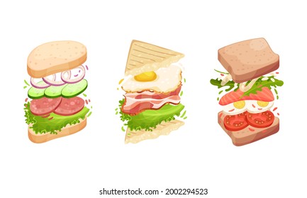 Sandwich with Ingredient Layers Between Bread Slices Vector Set