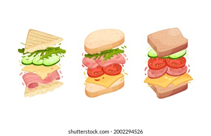 Sandwich with Ingredient Layers Between Bread Slices Vector Set