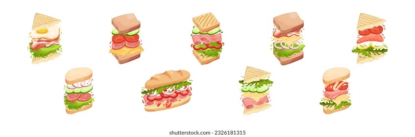 Sandwich with Ingredient Layers Between Bread Slices Vector Set