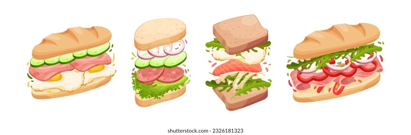 Sandwich with Ingredient Layers Between Bread Slices Vector Set