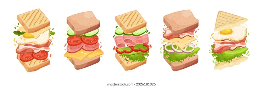 Sandwich with Ingredient Layers Between Bread Slices Vector Set