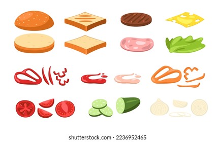 Sandwich ingredients. Cartoon healthy toast with chopped organic vegetables, fast food with sliced veggies cheese tomato lettuce sauce. Vector set. Fast food american burger constructor