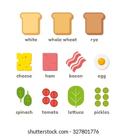 Sandwich Ingredients Flat Icons: Bread, Proteins And Greens.  Isolated Vector Illustration.