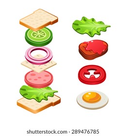 Sandwich ingredients food emblem with bread onion cucumber tomato cheese lettuce salami isolated vector illustration