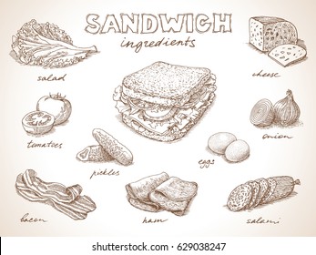 Sanduíche com ingredientes desenho à mão livre, estilo de esboço