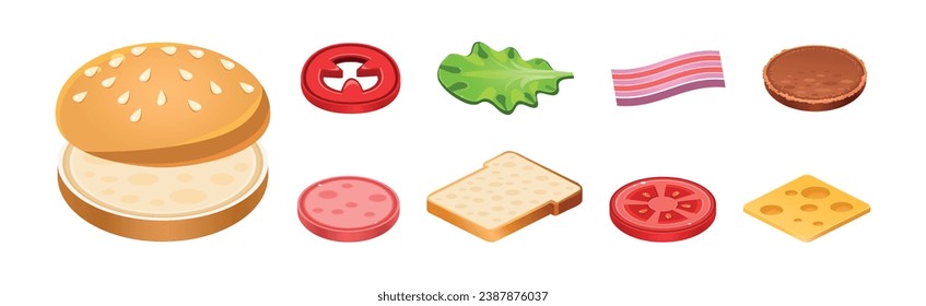 Sandwich Ingredients Isometric Icon and Elements Vector Set