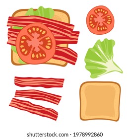 Sandwich Ingredients. Sandwich With Lettuce Leaf, Bacon And Tomato. Snack. Overhead View Of Isolated Breakfast Snacks On Toast Vector Flat. For Menu, Cafe, Restaurant, Poster, Banner, Emblem, Sticker