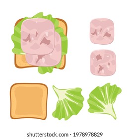 Sandwich Ingredients. Sandwich With Lettuce Leaf, Ham Slices. Overhead View Of Isolated Meat Delicatessen Product On Toast. Vector Flat On White. For Menu, Cafe, Restaurant. Breakfast Snack