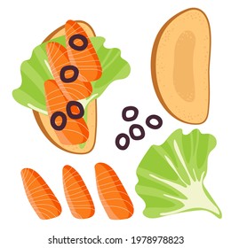 Sandwich Ingredients. Sandwich With Lettuce Leaf, Olives, Salmon. Snack. Overhead View Of Isolated Fresh Raw Salmon Fish Slices On Toast Vector Flat. For Menu, Cafe, Restaurant, Poster, Sticker.