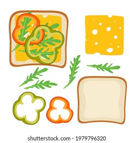 Sandwich Ingredients. Sandwich With Paprika, Cheese, Arugula. Snack. Overhead View Of Isolated Breakfast Snacks On Toast Vector Flat. For Menu, Cafe, Restaurant, Poster, Banner, Emblem, Sticker