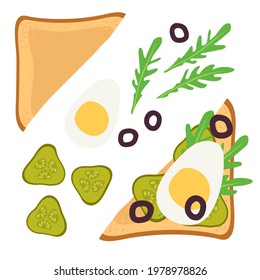 Sandwich Ingredients. Sandwich With Pickle, Egg, Olives, Arugula. Snack. Overhead View Of Isolated Breakfast Snacks On Toast Vector Flat. For Menu, Cafe, Restaurant, Poster, Banner, Emblem, Sticker