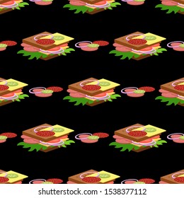 Sandwich and its ingredients. Seamless background. Vector illustration for web design or print.