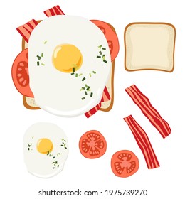 Sandwich and its ingredients. Toast with fried egg, bacon, tomato. Lunch, dinner, breakfast snacks. Vector illustration isolated on whit. Flat design style for menu, cafe, restaurant, poster, sticker