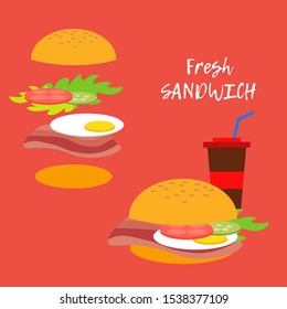 Sandwich and its ingredients. Vector illustration for web design or print.