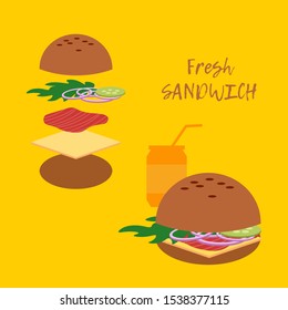 Sandwich and its ingredients. Vector illustration for web design or print.