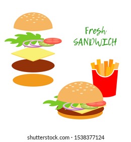 Sandwich and its ingredients. Vector illustration for web design or print.