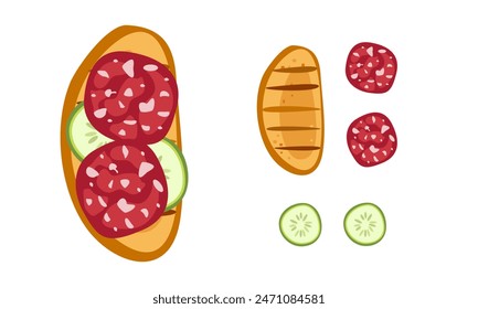 Sandwich isolated on white background, top view. Open Sandwich. Crispbread with smoked sausage and cucumber. Tasty Healthy snack Design for menu , cooking class, recipe.