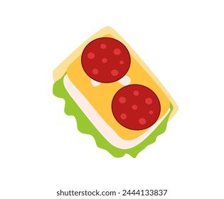 Sandwich isolated on white. 
Sausage, cheese, green salad. Fast food, snack. Hand drawn meal. Icon, doodle. Flat vector.