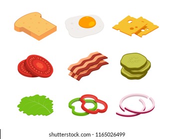 Sandwich isometric. Constructor of food with various ingredients. Sandwich food, cheese and tomato for hamburger, lunch bread for cheeseburger illustration