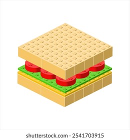 Sanduíche em vista isométrica montado a partir de blocos de plástico. Ilustração vetorial