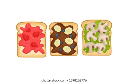 Sandwich with Jam, Chocolate and Banana Placed on Slice of Bread Vector Set