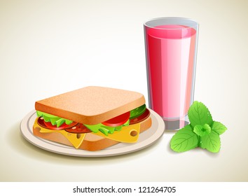 Sandwich with juice and mint on a table. On a white background. Vector.