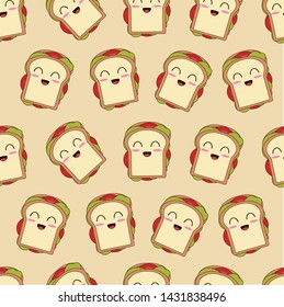 Sandwich kawaii seamless pattern illustration, cute character vector.