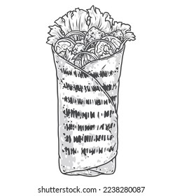 Sándwich kebab pegatina colorida cocina turca detallada comida callejera con deliciosas carnes y verduras envueltas en pita ilustración vectorial